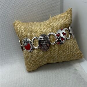 Silver Religious Quote Bracelet with Red Heart Accents